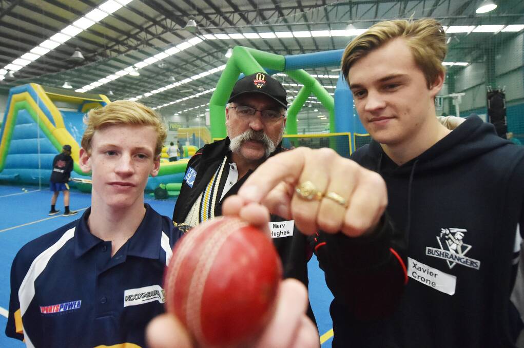 Xavier Crone, with emerging talent Ryan O'Keefe and former Australian Test great Merv Hughes, in Bendigo this week for the Diamonds in the Bush program. Picture: DARREN HOWE