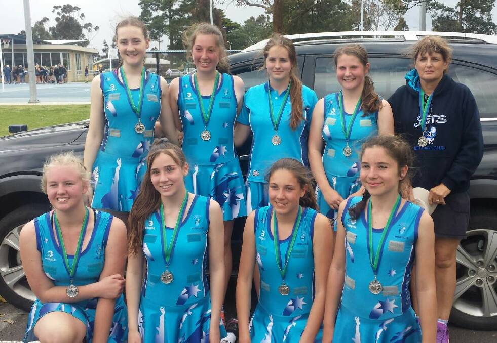 JETS: Back (from left): Deanna Duane,Tori Fox, Piper Normoyle, Holly Normoyle, Lynn Brain (coach) Front: Jasmine Collins, Keira Lane, Alex Rusbridge and Bella Pitto. Picture SUPPLIED