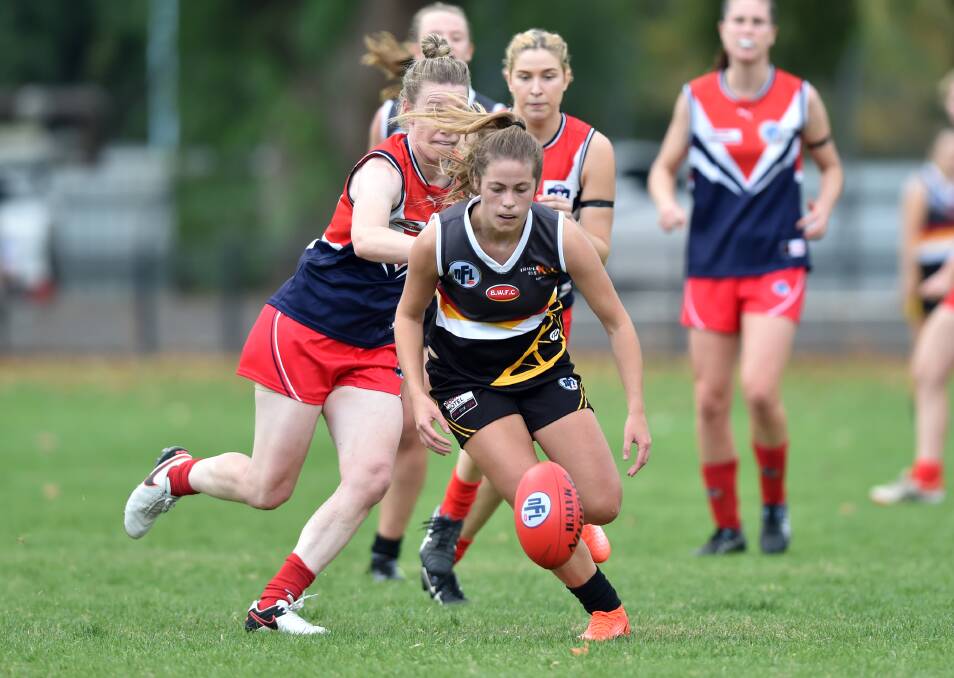GUN: Tiahna Cochrane is enjoying a stellar season for the Bendigo Thunder in the new Northern Football League Women's competition. The Thunder head the ladder with a perfect 5-0 record. Picture: NONI HYETT