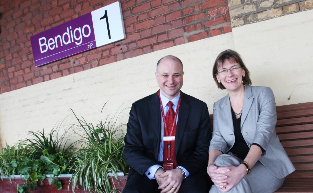 MOVING AHEAD: V/Line Chief executive officer Theo Taifalos and new board chairwoman Jenny Dawson at Bendigo train station. Picture: DARREN HOWE