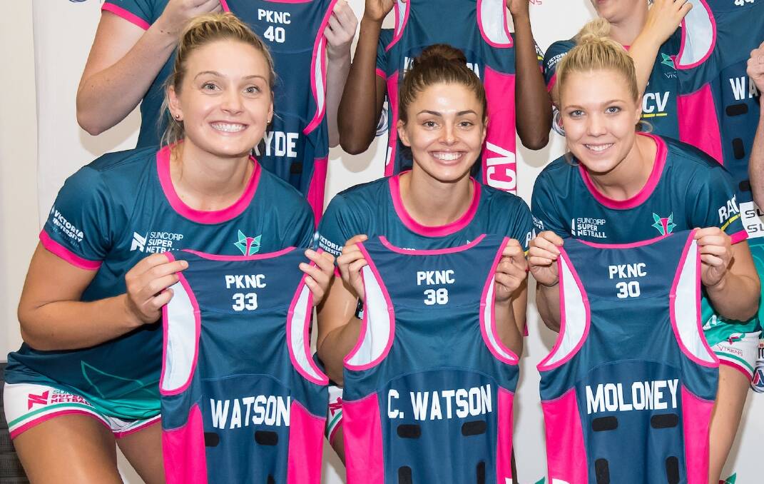 NEW ERA FOR NETBALL: Chloe Watson (centre) with her Melbourne Vixens teammates Liz Watson and captain Kate Moloney. Picture: GRANT TREEBY