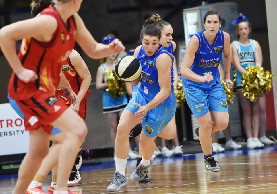 LIVEWIRE: Kerryn Harrington charges down the court during the Spirit's clash with the Townsville Fire at Bendigo Stadium. Picture: DARREN HOWE