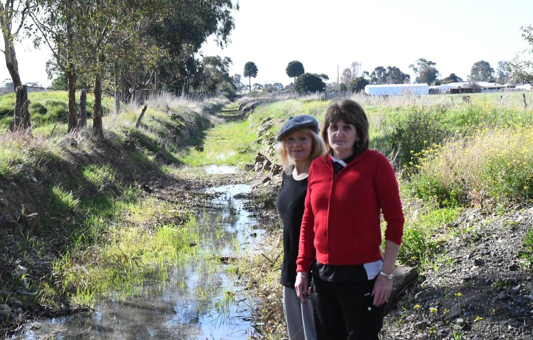 Former councillor Helen Broad and Carisbrook resident Susan Tully, pictured next to a problematic floodwater channel, say residents still get anxious when heavy rain is predicted after devastating floods in 2011. 