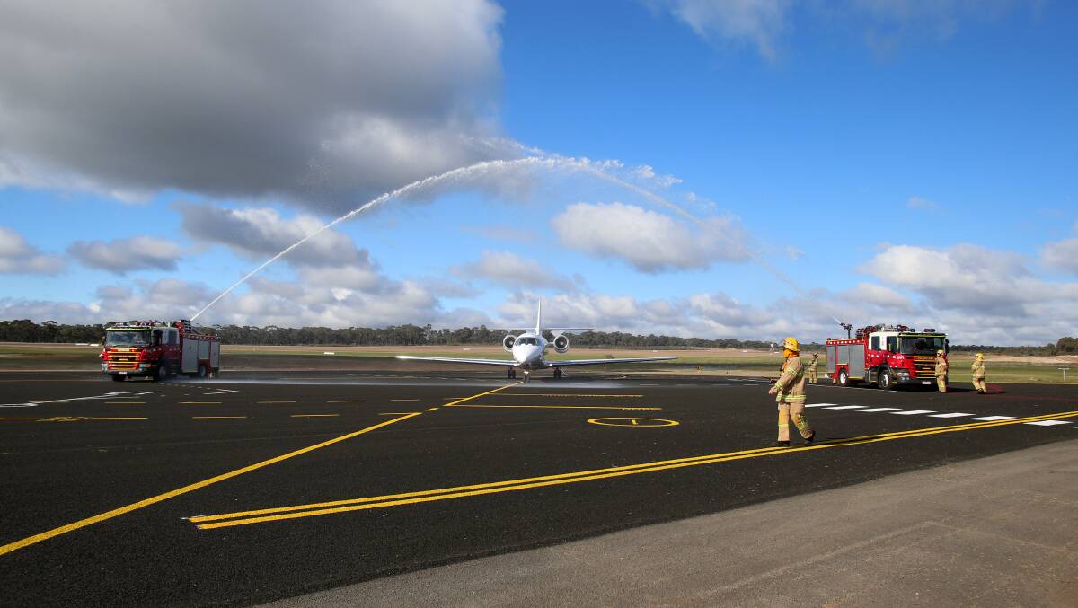 HOT SHOT: A traditional water cannon salute celebrated the opening of Bendigo's redeveloped airport. Picture: GLENN DANIELS. 