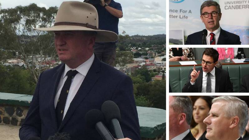 Assistant Minister for Children and Families David Gillespie (top right), Minister for Agriculture David Littleproud (middle right) and Veterans' Affairs Minister Michael McCormack (bottom right) are considered early contenders to replace Barnaby Joyce (left) at Nationals leader. 