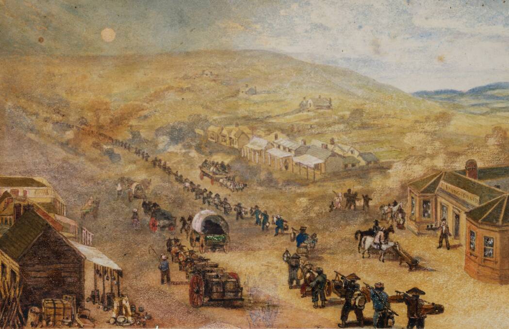 LONG WALK: Artist Charles Brees' impression of Chinese goldseekers arriving on foot.