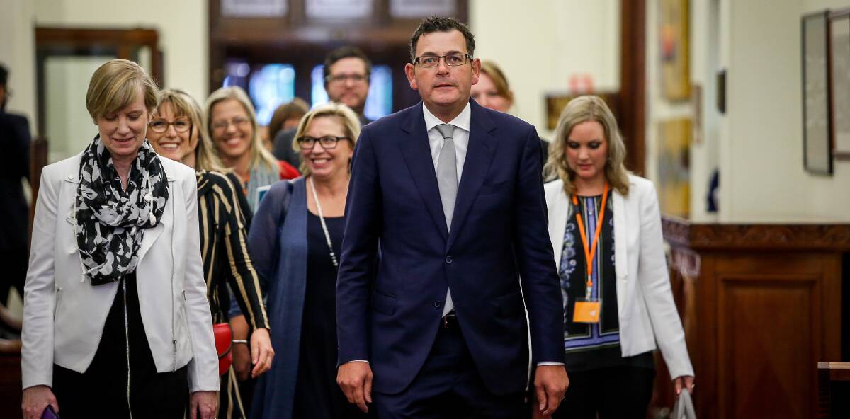 COMMITTED: Minister for the prevention of family violence, Fiona Richardson, with Rosie Batty and Victorian premier, Daniel Andrews.