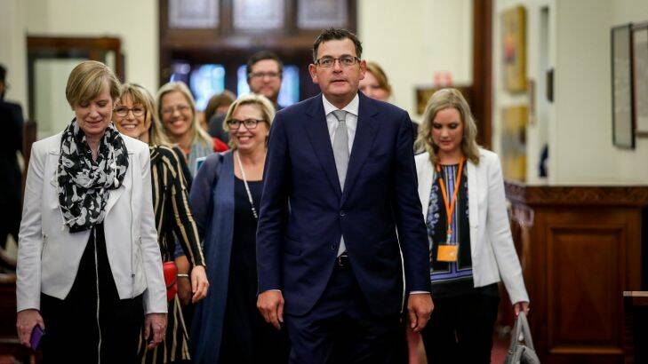 Rosie Batty, Premier Daniel Andrews and Fiona Richardson, Minister for the Prevention of Family Violence, at the release of the report by the Royal Commission into Family Violence at Parliament House. Photo: Eddie Jim. 