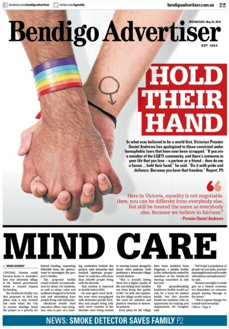 The front page of the Bendigo Advertiser, May 25, 2016.