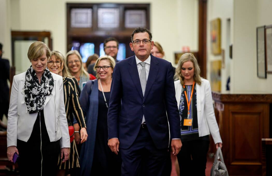 COMMITMENT: Premier Daniel Andrews with Minister for Prevention of Family Violence Fiona Richardson and victim advocate Rosie Batty following the release of the findings from the Royal Commission into Family Violence.