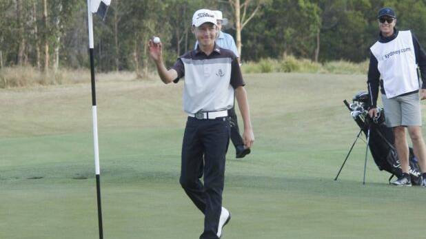 Ace: Thomas Heaton after hitting a hole in one at second hole in first round of NSW Open. Photo: PGA of Australia
