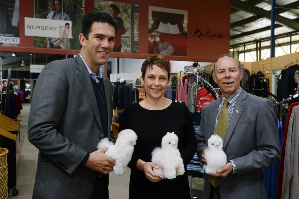 TOURISM SUCCESS: Creswick Woollen Mills executive director Boaz Herszfeld, Regional Development Minister Jaala Pulford and member for Buninyong Geoff Howard at the mills for a funding announcement in April. Picture: Kate Healy 