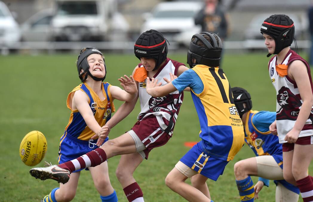 FOOTY FANATICS: Action from the under-10 game between Golden Square and Maiden Gully at MyJet Oval. Picture: NONI HYETT