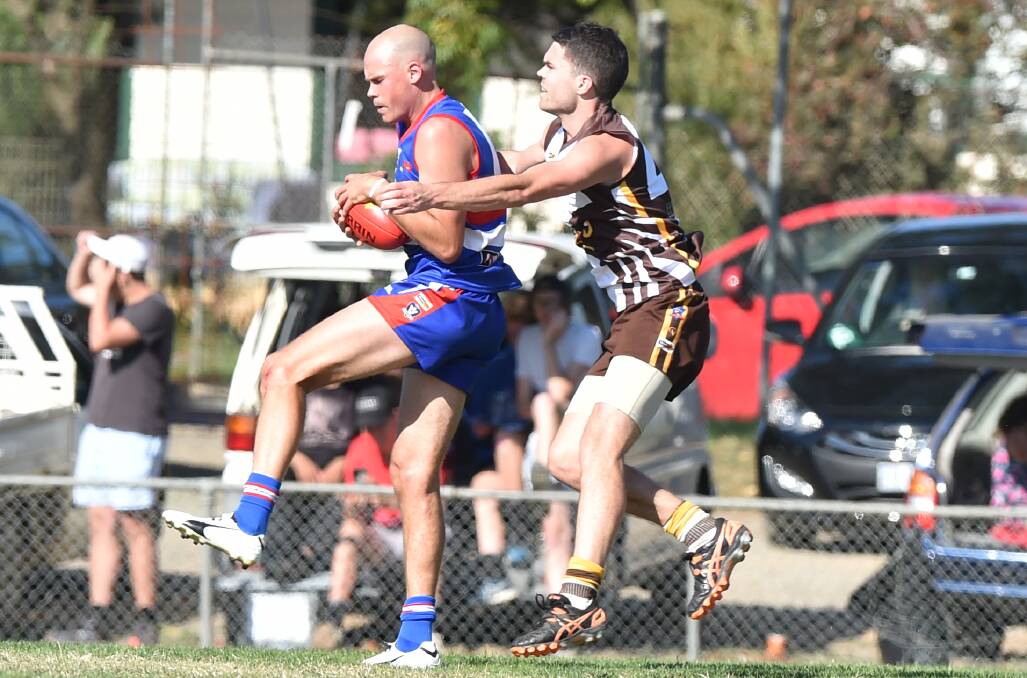 North Bendigo's Brady Herdman takes a chest mark against Huntly on Saturday. Picture: DARREN HOWE