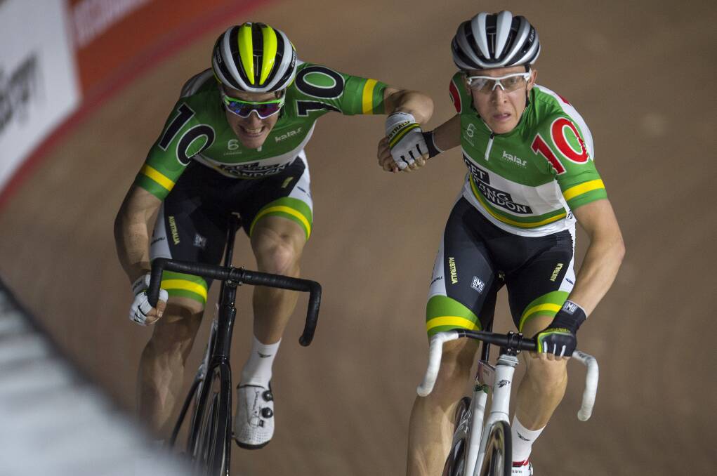 Cam Meyer, right,  and Callum Scotson will be the team to beat in next month's Bendigo International Madison. Picture: GETTY IMAGES