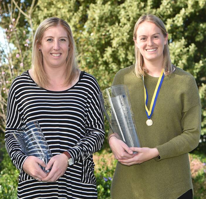 BEST IN BUSINESS: HDFNL A-grade netball best and fairest runner-up Jodie Lake and winner Liz Cobbledick after the vote count at The Bendigo Club. Picture: NONI HYETT