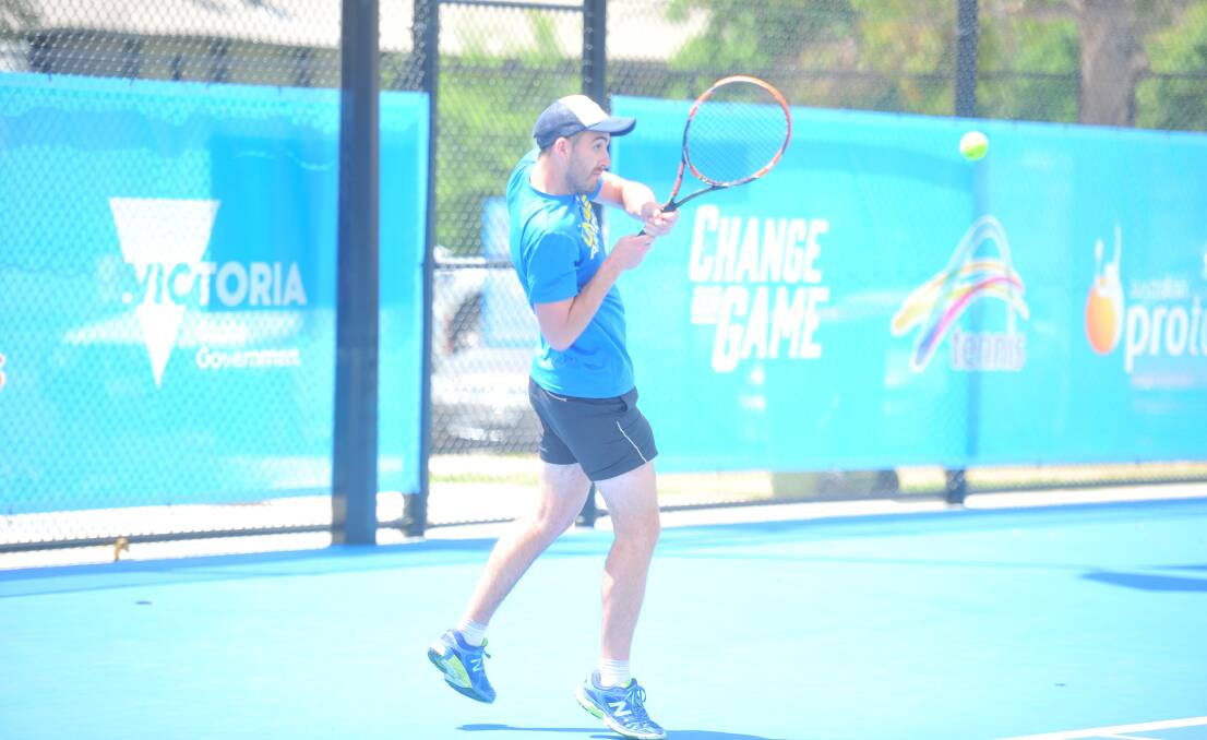 DOWN THE LINE: Jono Guy unleashes a backhand for BLTC Cobras in Premier League tennis.