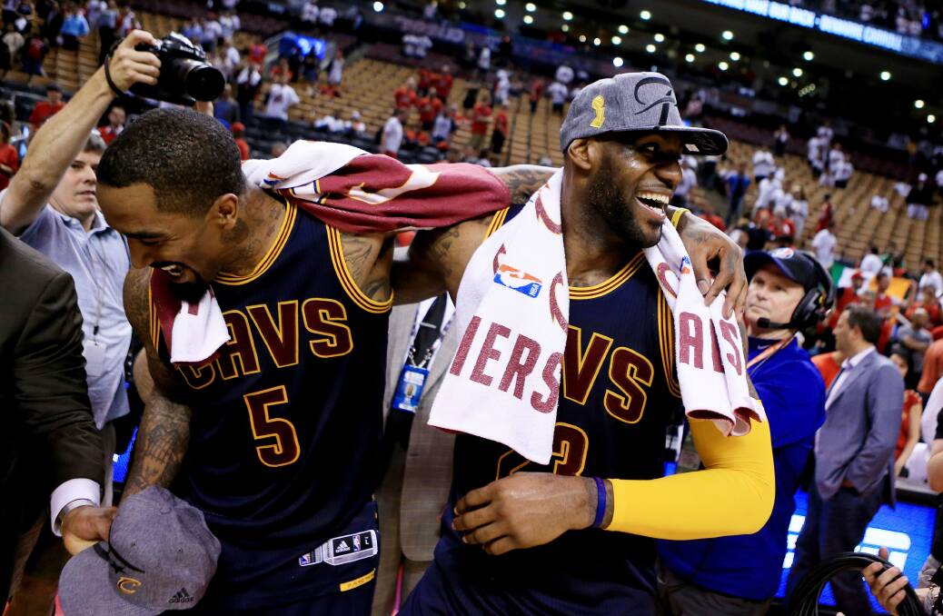 J.R. Smith and LeBron James after Cleveland defeated Toronto in game six of the NBA eastern conference finals. Picture: GETTY IMAGES