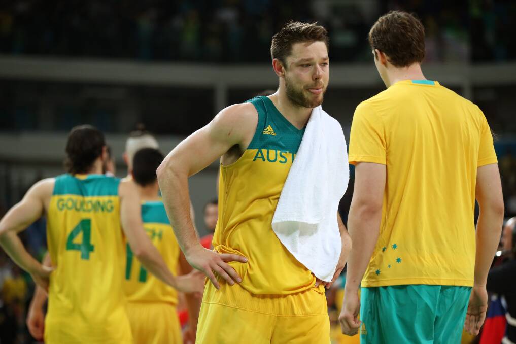 Matthew Dellavedova fights back tears after the Boomers' loss to Spain. Picture: GETTY IMAGES