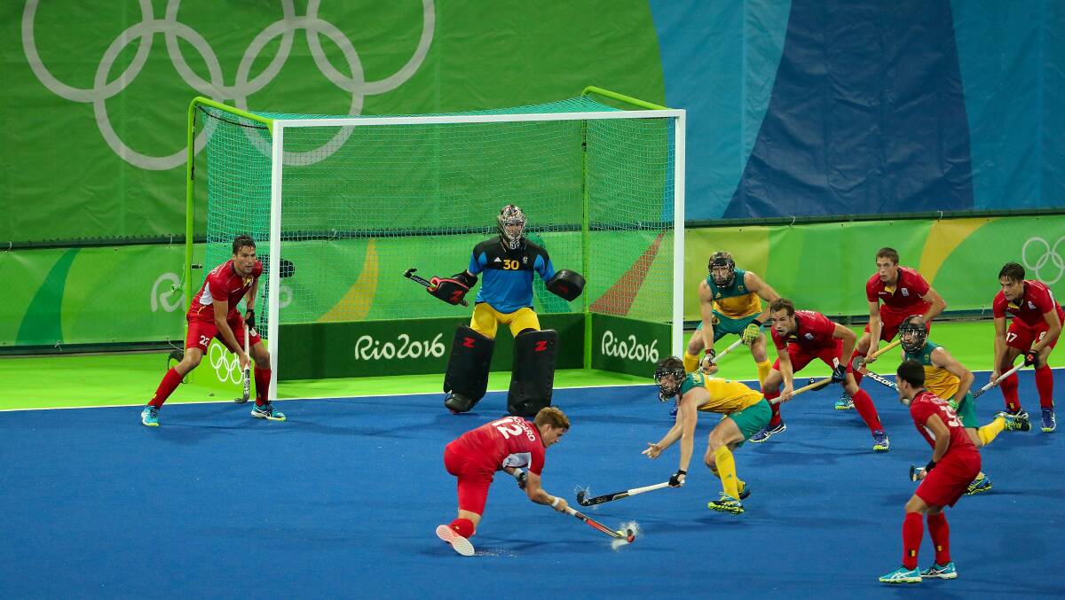 Australian goalkeeper Andrew Charter in action for the Kookaburras at the Rio Olympics.