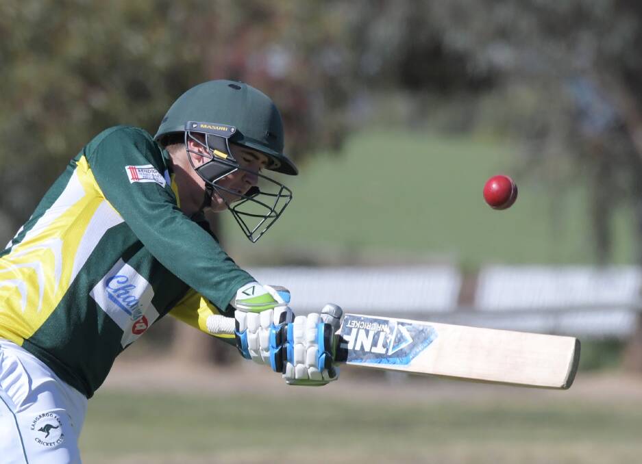 Kangaroo Flat's Riley Burns on his way to an unbeaten 200 in under-16 cricket. Picture: GLENN DANIELS
