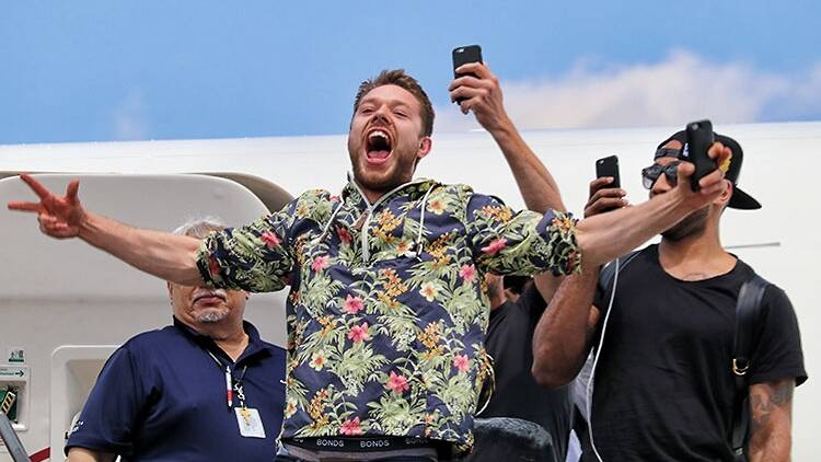 Maryborough's Matthew Dellavedova reacts to the crowd after stepping off the team place in Cleveland.