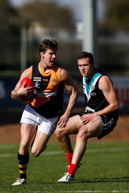 BENDIGO-BOUND: Former Essendon rookie listed player Bryce Carroll in action for Albury in the Ovens and Murray Football League. Picture: BORDER MAIL