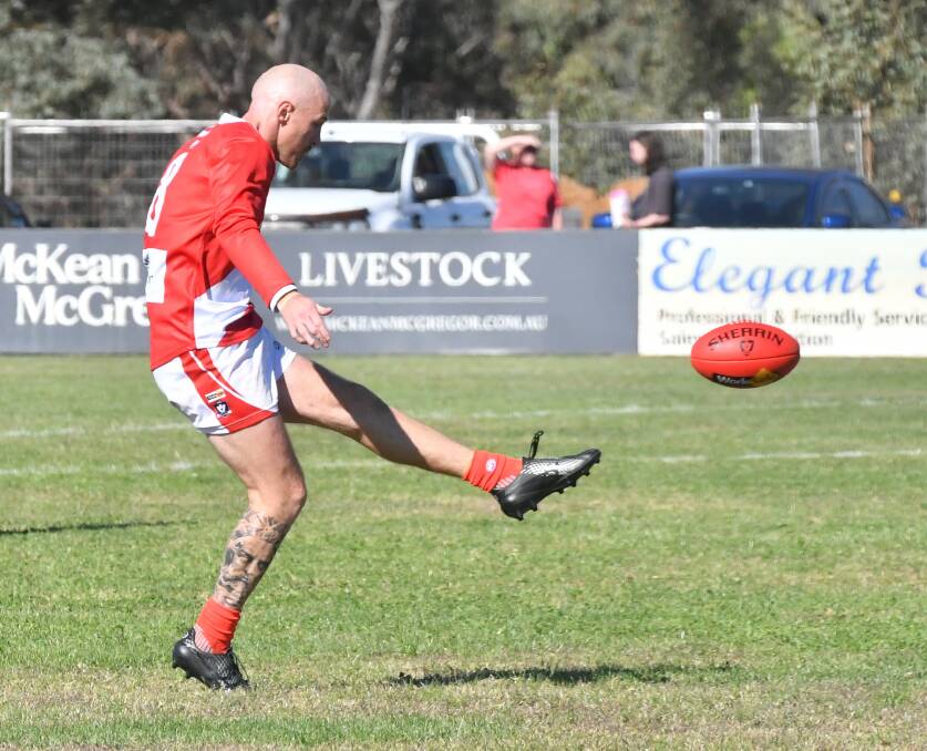 Lachlan Sharp kicks his first goal for Bridgewater in the LVFNL. Picture by Adam Bourke