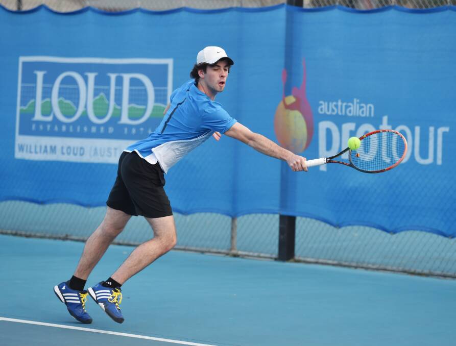 STRETCH BACKHAND: Bendigo Lawn Rising's Lachlan Hewitt will need to be at his best in Friday night's clash with Strathfieldsaye in round nine of Bendigo Tennis Association premier league. Picture: DARREN HOWE
