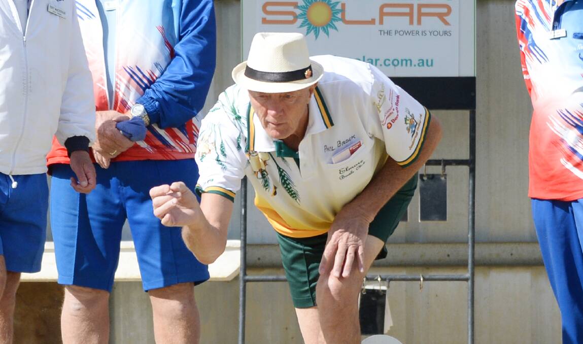 JACK HIGH: Elmore's Phil Brock bowls in the fours division of the Bendigo Country Week carnival. Picture: DARREN HOWE
