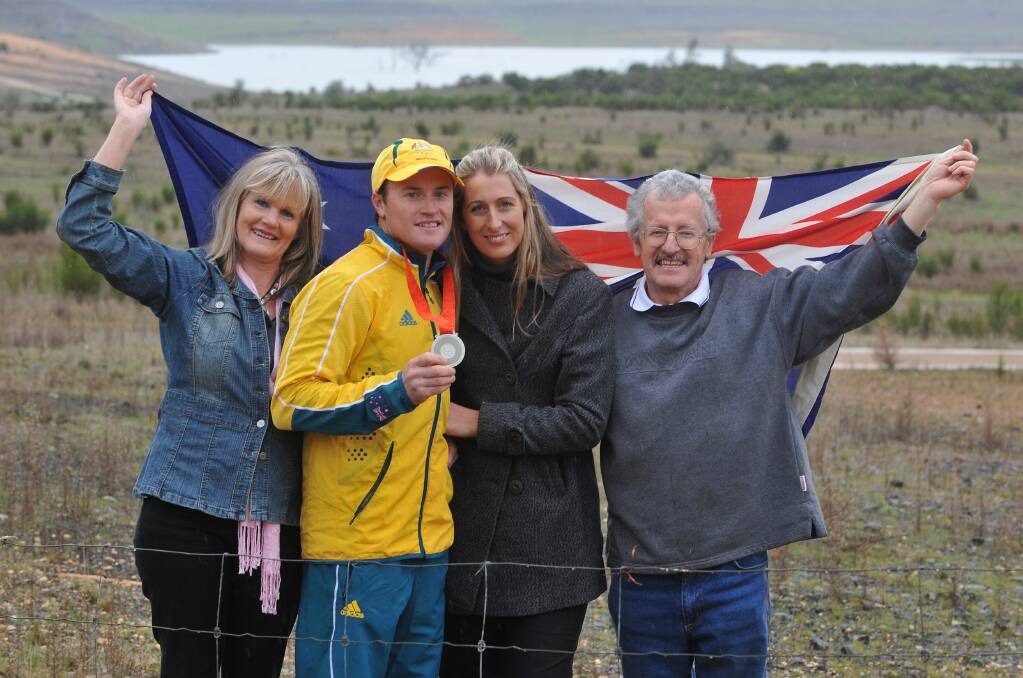 Glenn Ashby with his wife Mel and his parents Lyn and John after he won a silver medal at the Beijing Olympics in 2008.