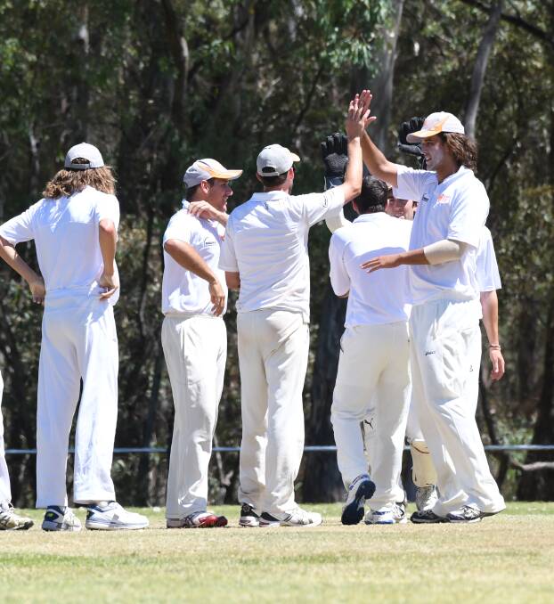 BACK IN IT: Goulburn Murray celebrate a wicket against Emu Valley at Bell Oval. Picture: NONI HYETT