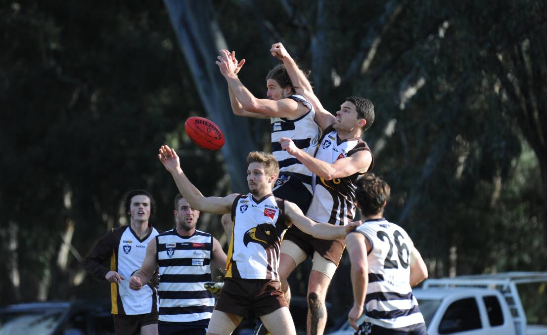 The pack flies for a mark in the Huntly versus LBU clash. Picture: NONI HYETT