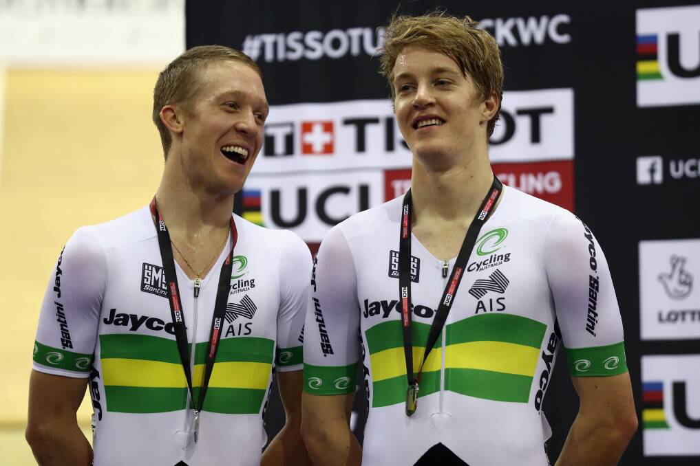 Cam Meyer and Callum Scotson after finishing second in the madison at the World Cup last  year. Picture: GETTY IMAGES