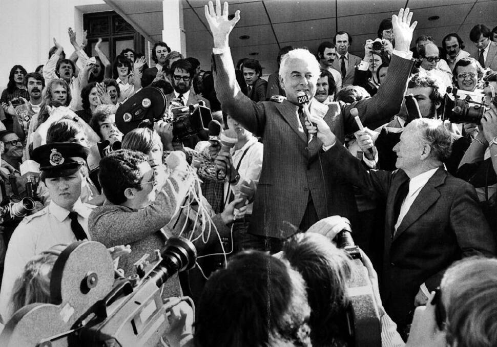 A man of grand gestures: Former Prime Minister Gough Whitlam on the steps of Parliament House after his dismissal in 1975.