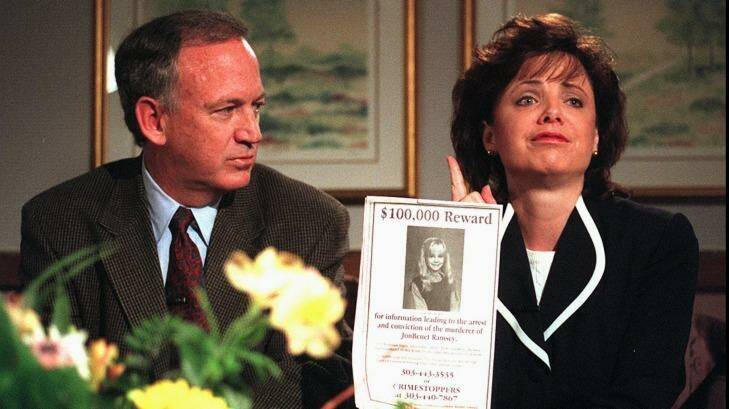 John Ramsey looks on at his wife, Patsy, as they appeal for more information about the death of JonBenet Ramsay in 1997. Photo: PATRICK DAVISON