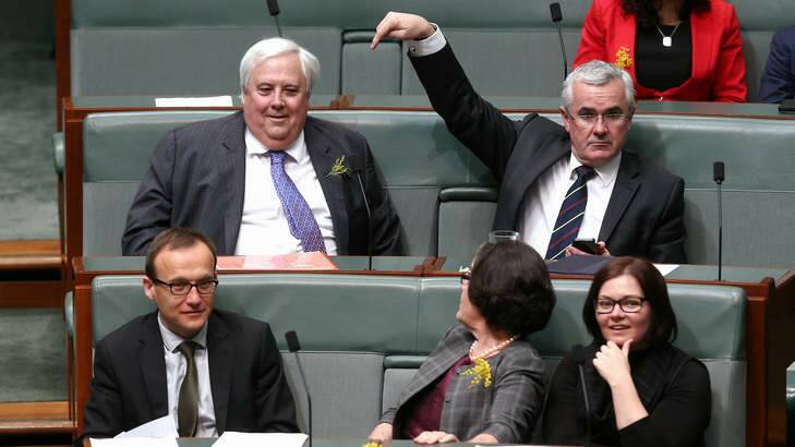 Clive Palmer and Andrew Wilkie ready for a division in the House of Representatives. Photo: Alex Ellinghausen