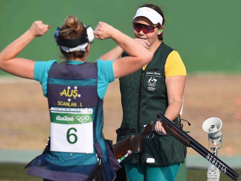 Laetisha Scanlan runs in to embrace Catherine Skinner after her women's trap win at Rio 2016.