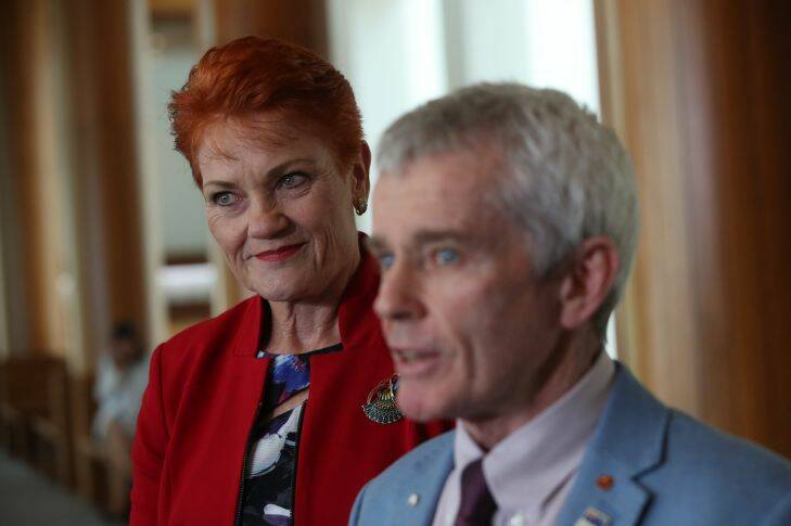Malcolm Roberts with Senator Pauline Hanson after the High Court ruled on his ineligibility to be elected at Parliament House in Canberra on Friday 27 October 2017. Fedpol. Photo: Andrew Meares