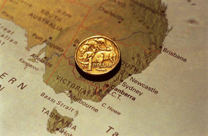 DOLLAR .  AFR .  011029 .  PIC BY VIRGINIA NEW STAR .  Saved In Archive .  011030 .  *******1ST USE AFR!!!!***** GENERIC Pic Of An Australian Dollar Coin Over a Map Of Australia .  Money .  Gold Coin .  Kangaroo .  One Dollar .  Inflation Rate .  GST .  Tax .  Employment .  Jobs .  Wages .  Currency .  Investment .  Investing In Australia .  Exchange Rate .  Managed Funds .  Savings .  Banks .  New South Wales .  Victoria .  Tasmania  .
***afrphotos.com***