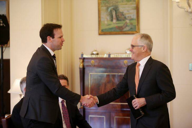 Prime Minister Malcom Turnbull with Minster Senator Matthew Canavan before a swearing-in ceremony at Government House in Canberra on Friday 27 October 2017. Fedpol. Photo: Andrew Meares