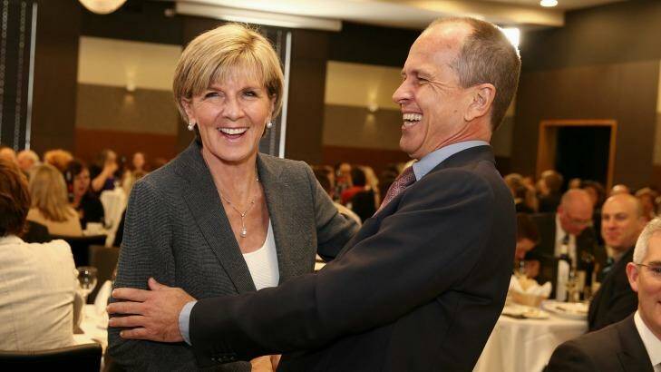 Julie Bishop and Peter Greste share a laugh at the National Press Club on Thursday. Photo: Alex Ellinghausen