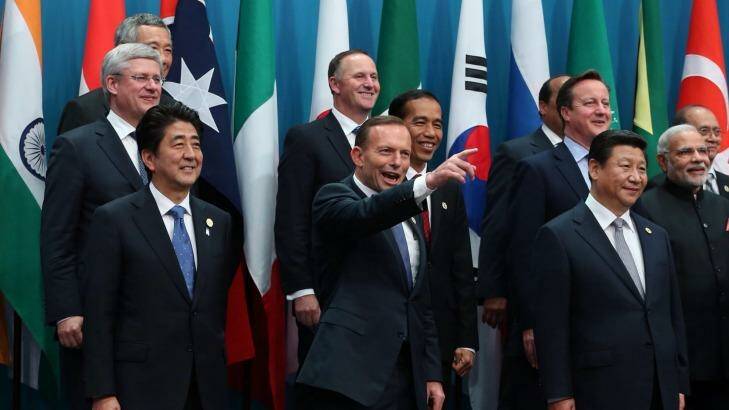 Tony Abbott, centre, with other G20 leaders. Photo: Andrew Meares