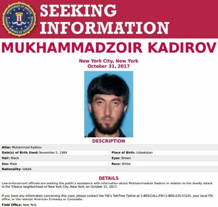 The FBI is seeking information about Mukhammadzoir Kadirov in relation to the New York City attack on October 31, 2017.