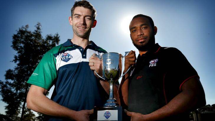 Ireland captain Mick Finn and Papua New Guinea skipper John James with the International Cup ahead of Saturday's final. Photo: Supplied