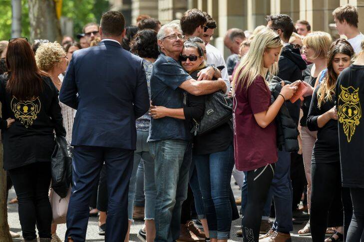 The Age, News, 10/11/2017, photo by Justin McManus. Sentencing of Andrew Lee at the Supreme court. Lee fatally hit Patrick Cronin in a pub brawl. Patrick's supporters outside court after the sentence.
