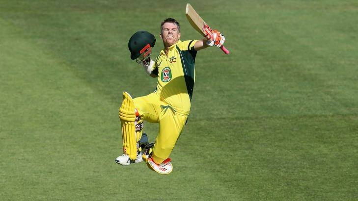 Over the moon: David Warner leaps for joy after another century. Photo: CA/Getty Images