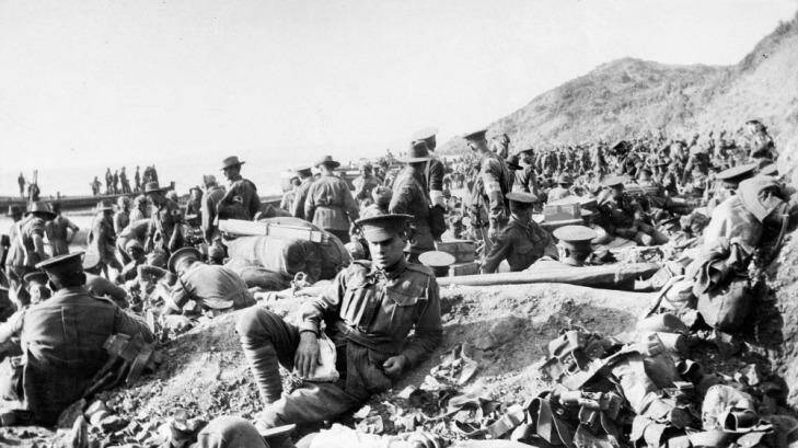 Australian soldiers on the beach at Gallipoli on the day of the landing. Photo:  Philip Schuller. 
