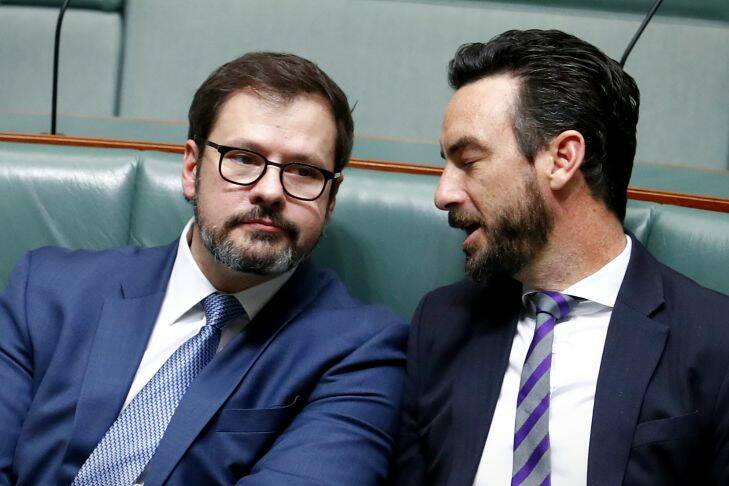 Labor MPs Ed Husic and Tim Hammond during Question Time at Parliament House in Canberra on Tuesday 30 May 2017. fedpol Photo: Alex Ellinghausen 