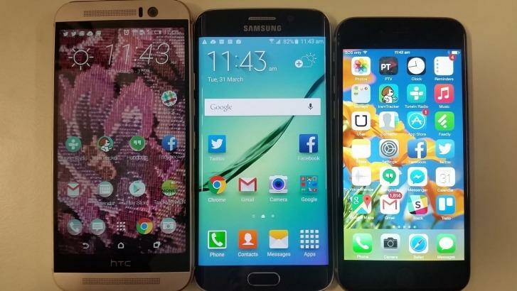 Side by side: the the HTC One M9, Samsung S6 edge and iPhone 6. Photo: Hannah Francis